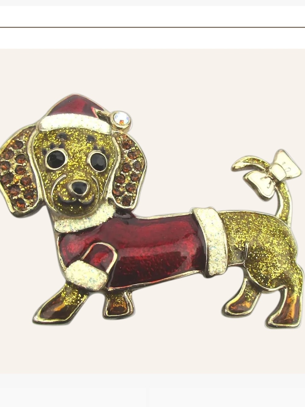 Betsey Johnson Enamel and Rhinestone Dachshund Weiner Dog Christmas Brooch